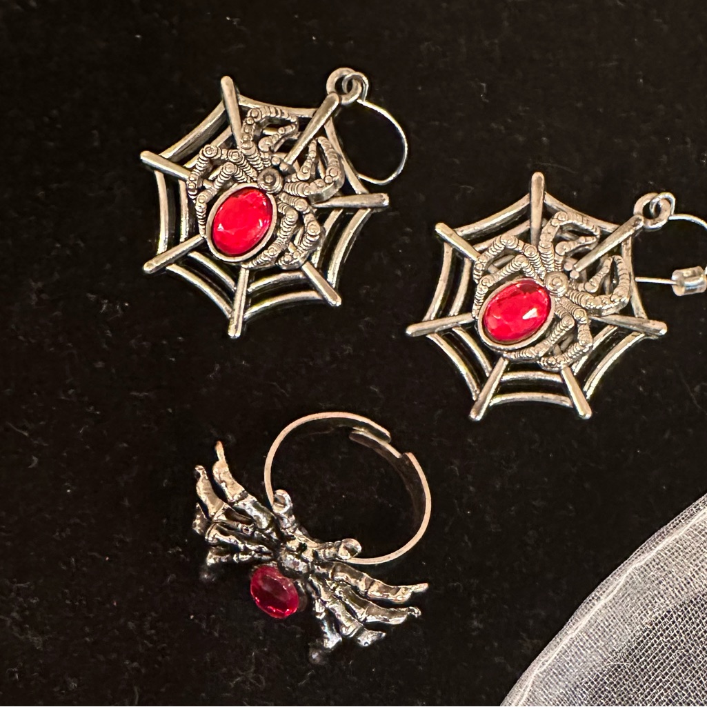 Silvertone Spider Earrings & Matching Ring Red Stone, Adjustable, Gothic Glam